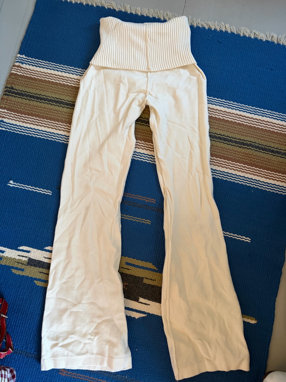 Cream Stretch Yoga Pants with Fold-Over Waistband